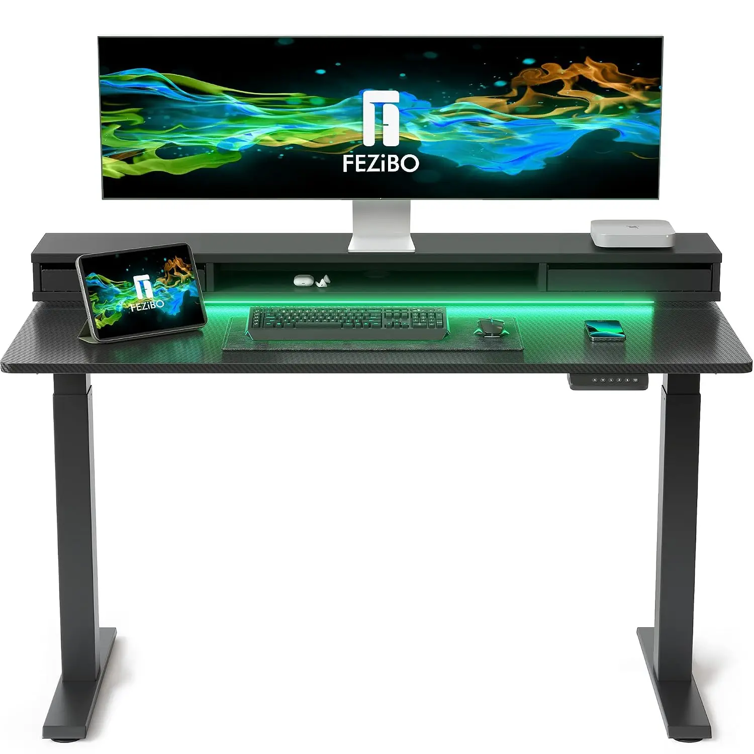 Height Adjustable Electric Standing Desk with Drawers & LED Strips & Monitor Stand, 48x24 Inch, Black, Customized