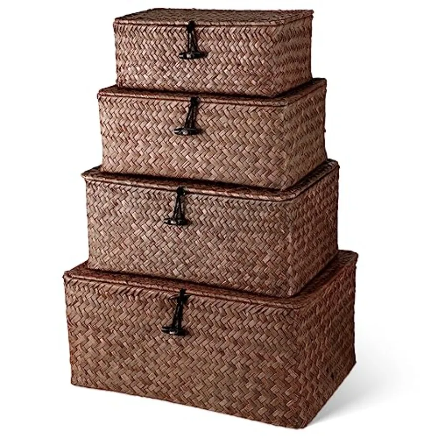 

Set of 4 Wicker Baskets with Lids, Nautral Seagrass Storage Baskets, Woven Rectangular Basket Bins, Rattan Storage Organizer fo