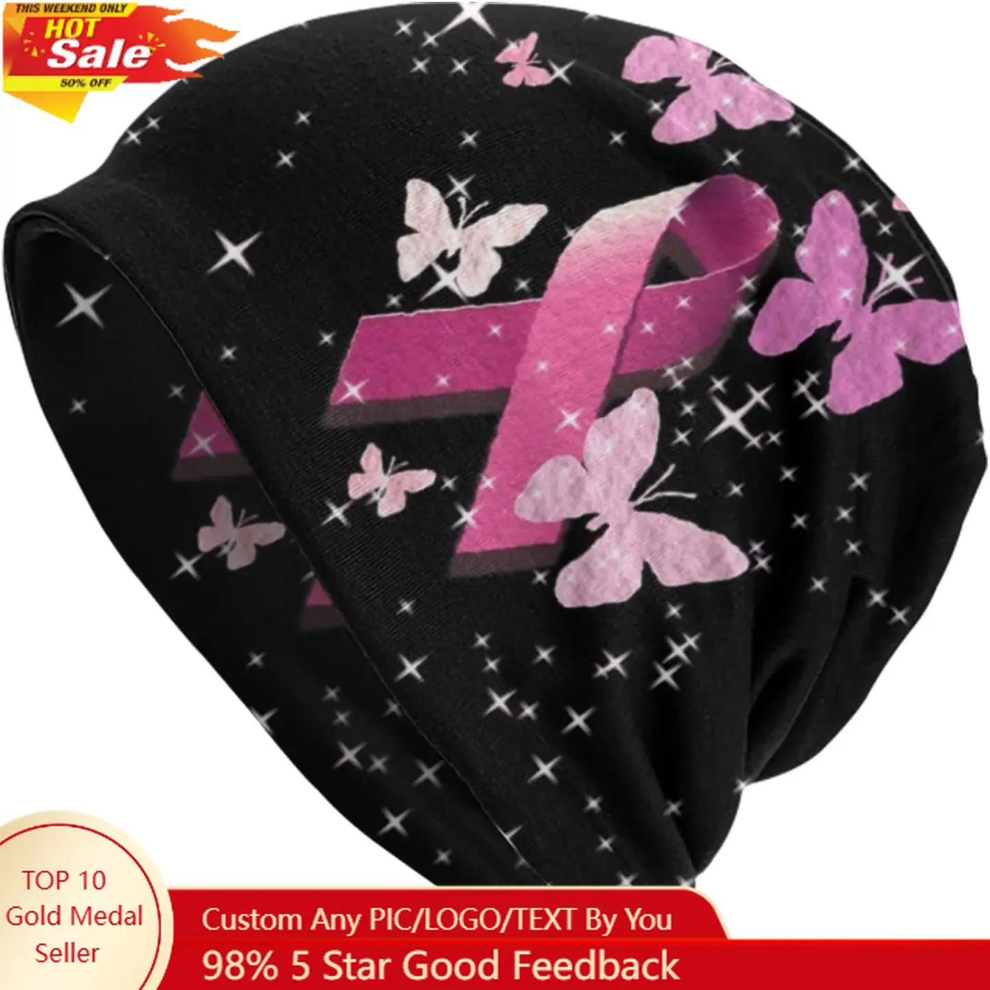 

Breast Cancer Awareness Beanie Chemo Hat Cancer Headwear Knitted Hats Baggy Slouchy Scarf Cap for Adults Women Men