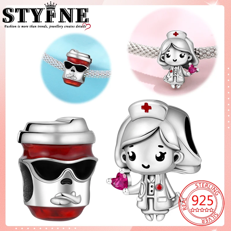 Travel Hobbies Beads 925 Sterling Silver Cuddling Heart Nurse Coco Wearing Sunglasses Coffee Mug Charms Bracelets Jewelry