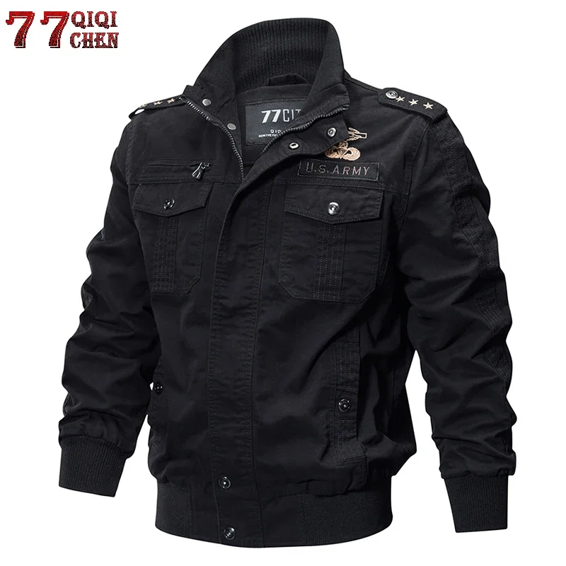 Mens 100% Cotton Jackets Plus Size 5XL Spring Autumn Multi-pocket Military Bomber Jacket Male Casual Air Force Flight Coat Male