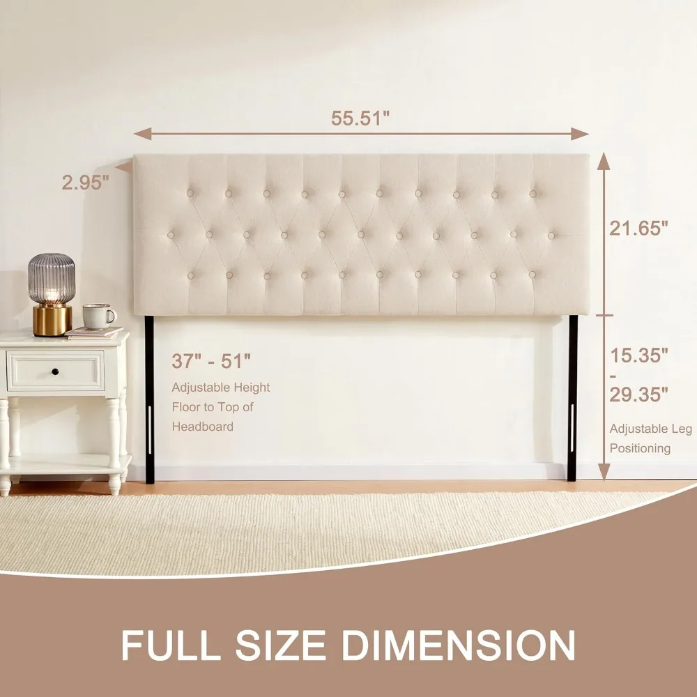 لوح رأسي منجد معنقدة بحجم XL بالكامل، خشب متين بأرجل معدنية، لوح رأسي بارتفاع قابل للتعديل لأسرة XL كاملة