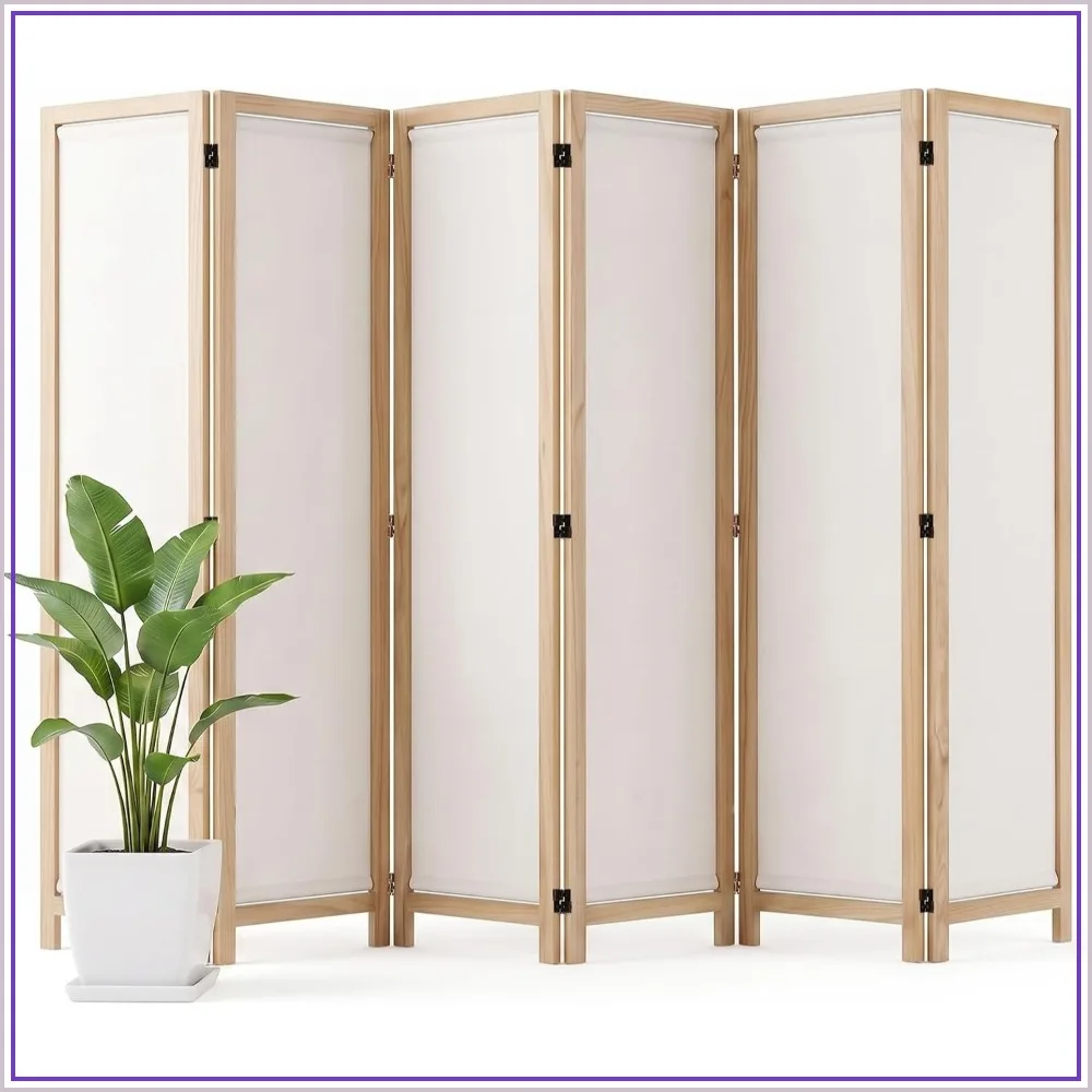 Wood Room Divider Panel with Linen Fabric, Boho Folding Privacy Screen 67 Inch