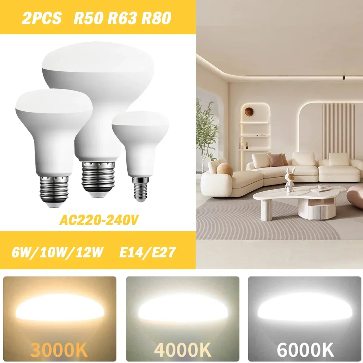 

2PCS LED Mushroom bath light R80 R63 R50 AC220-240V 6W/10W/12W strobo-free 3000K/4000K/6000K waterproof light for Bathroom