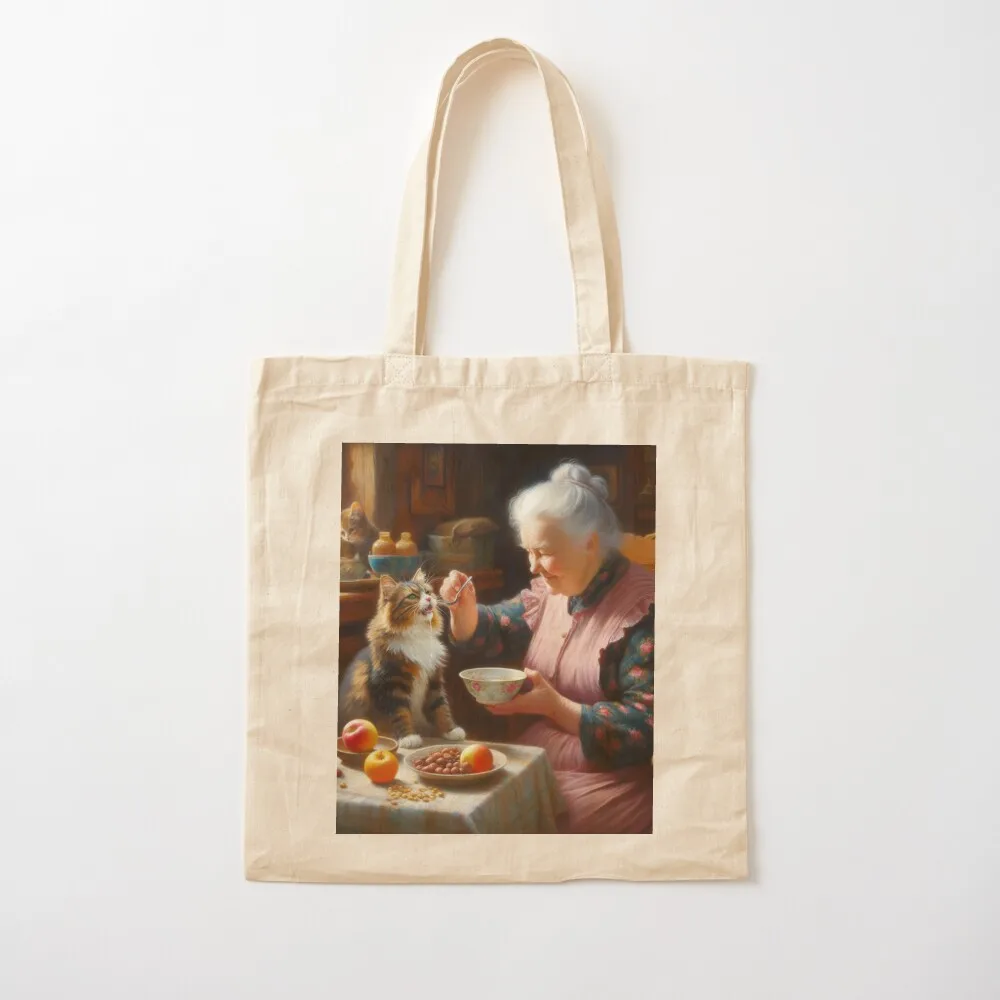 

Grandma feeding the Cat Tote Bag Eco bag shopper bag women canvas tote canvas shopping cart bags Canvas Tote