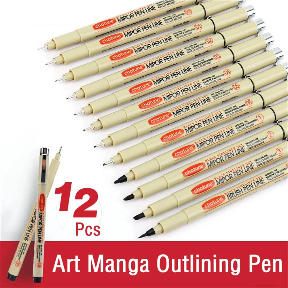 Waterproof Pigment Fineliner Pens, Hook Liner, Sketch Markers, Drawing Art Supplies, Manga Comic, Black Calligraphy, 12pcs