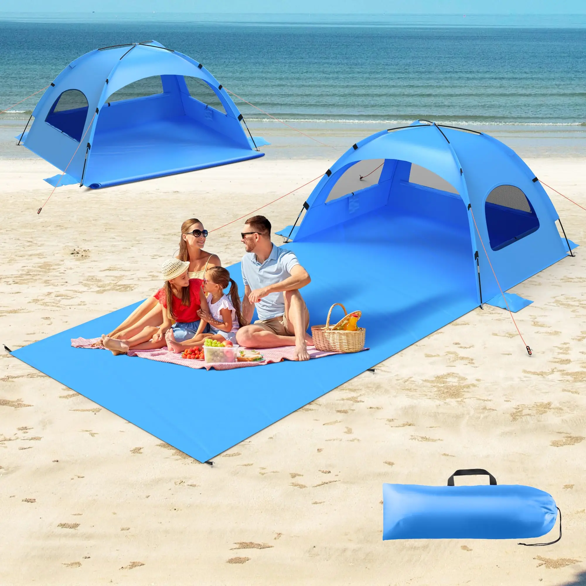 

Beach Tent Sun Shelter with Extended Sand Mat 114×82inch，UPF 50+ Protection, 3 Double-Layer Windows ;Windproof and Waterproof