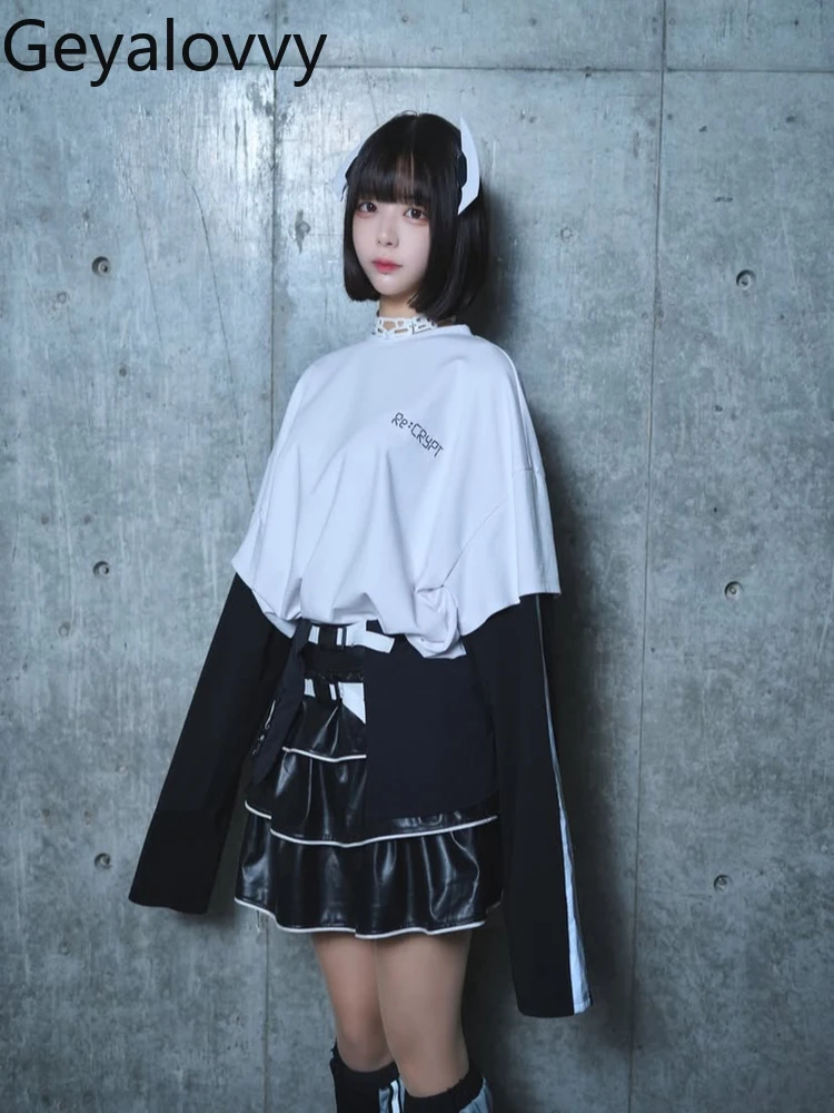 

Весенне-осенняя повседневная футболка в стиле панк, свободный крой, женские топы с длинными рукавами для косплея, футболки с круглым вырезом в японском стиле для женщин