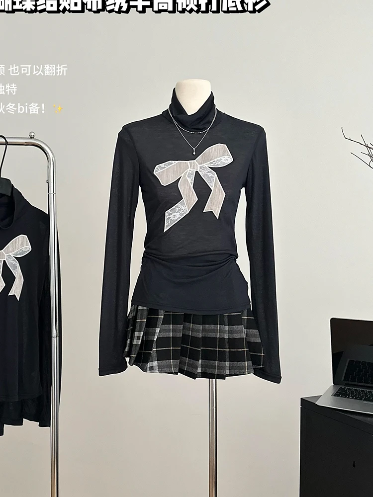 Fall Winter Women Shoujo T-Shirts Harajuku Long Sleeve Coquette Turtleneck Top Gyaru 2000s Aesthetic Grunge Dark Academia Gothic