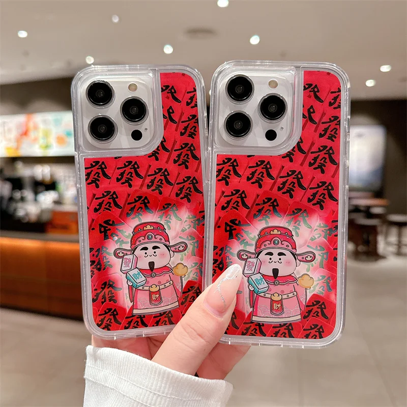 

Floating Figures Case for iPhone 14 15 16 Pro Max 13 Phone Cover Chinese Style Get Rich Hard Shell Dynamic Liquid Funda 2024 New