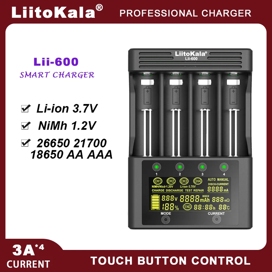 LiitoKala Lii-S12 Lii-600 Lii-S8 18650 LCD Battery Charger For 20700 26650 21700 14500 10440 16340 1.2V 3.7V 4.2V Lion Battery