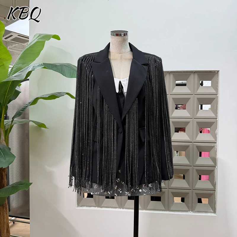 

KBQ Solid Spliced Tassles Loose Coats for Women Notched Collar Long Sleeve Patchwork Button Slimming Design Jacket Female Autumn