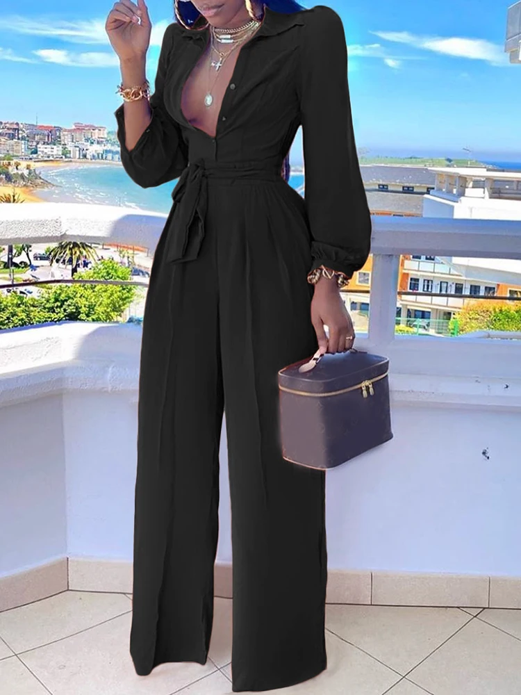 Casual Jumpsuit for Women Spring Summer 2023 New Fashion Solid Color Lace Up Shirt Collar Two-Piece Suit Jumpsuits