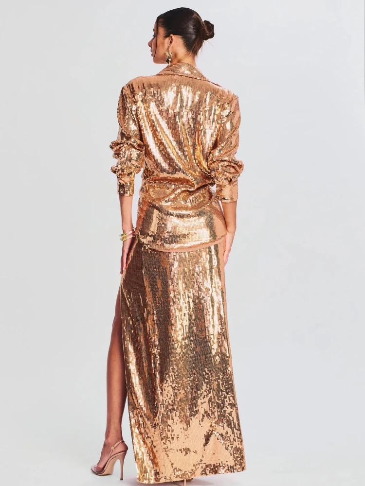 Autumn Women Sequins Two Piece Set Sexy Gold Long Sleeve Top+Long Side Slit Sequins Skirts Suits Elegant Party Evening Club Sets