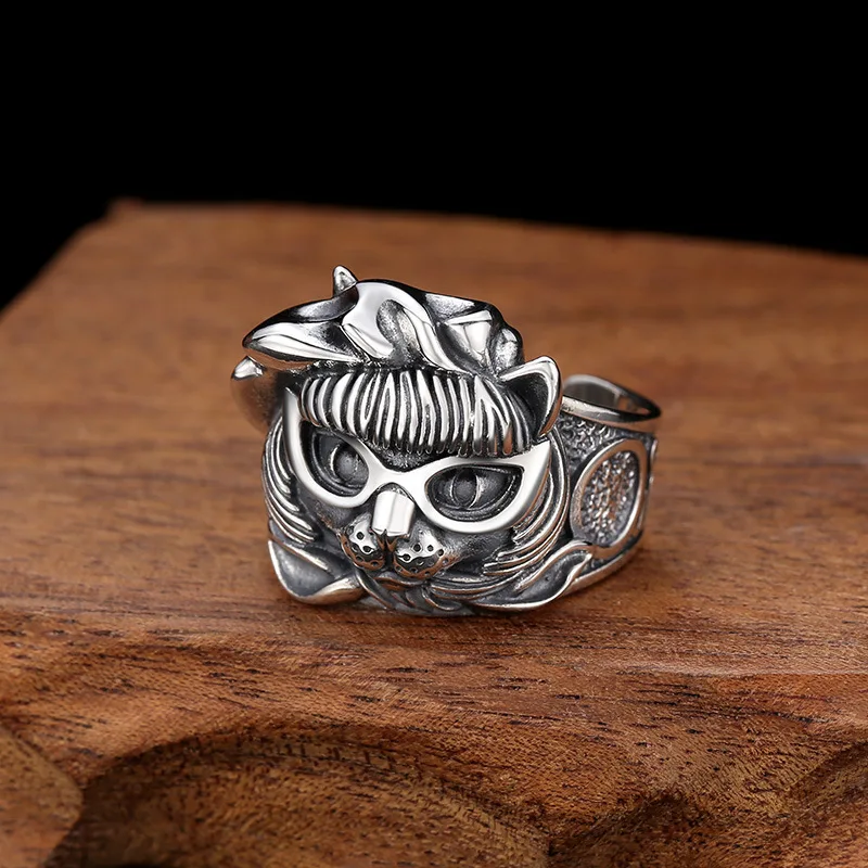 WholeSale S925 Sterling Silver jewelry thai Silver faShion men'S perSonalized Shape cat ring with glaSSeS opening ring