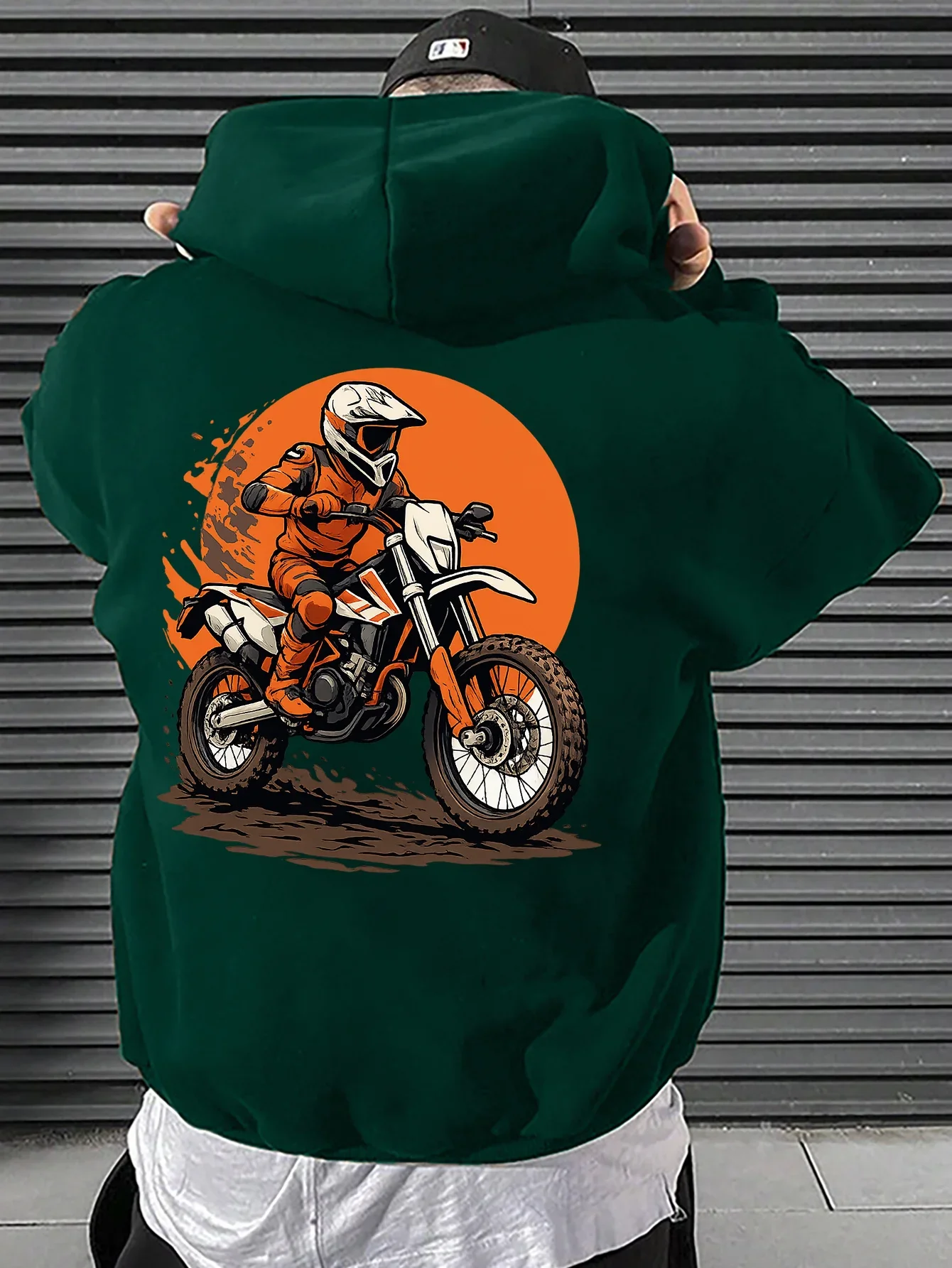 2026 Men Retro Oversized Hoodie Autumn Winter Off Road Motorcycle Rider Sunset Graphic Daily Casual Hooded Sweatshirt