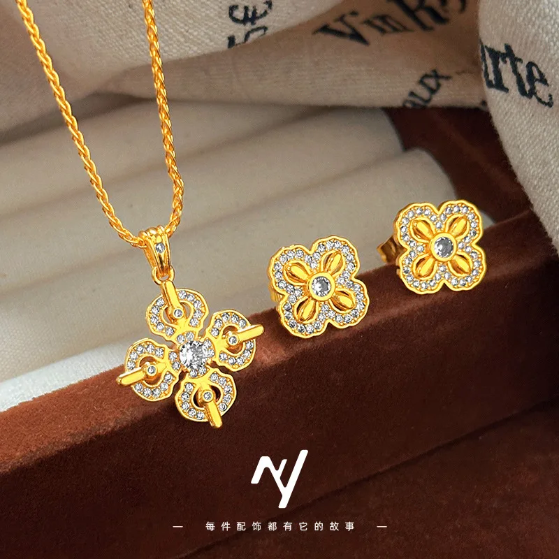 Light Luxury Mid-century Style Design 9999 24K Real Gold Vintage Niche Women's Micro-set Diamond Cross Pendant Necklace Earrings