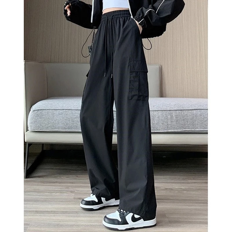 Women Casual Streetwear Wide Leg Straight Cargo Pants Summer Trendy Ice Silk Quick Drying Sports Trousers High Waist Pantalones