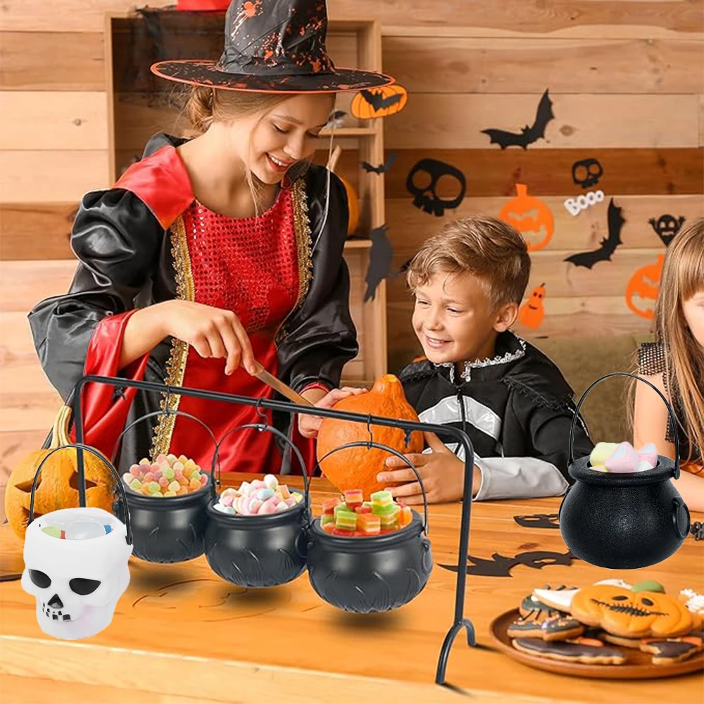 Halloween Witch Cauldron Serving Bowls On Rack Black Plastic Candy Pot Jar Skeleton Bucket Home Kitchen Decor Mini Halloween Toy