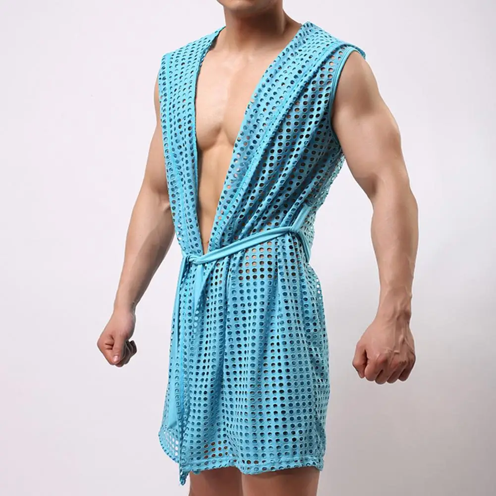 Mannen Nachtkleding Trekkoord Trekkoord Nachtjapon Mannen Sexy Lace-up Mesh Nacht Gewaad Hollow Out Loungewear Zomer Sheer Mesh badjas