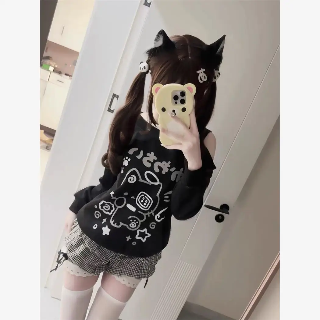 Loose Long Sleeve  Design Shoulder Bared T Shirt Women's Spring Summer Fashionable Casual Top Japanese Subculture Style