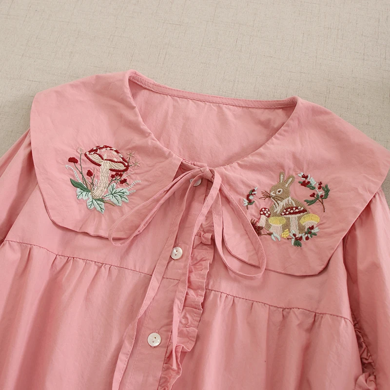 Sweet Mori Girl Kawaii Rabbit Flower Embroidery Cotton Shirts Women Spring New Japanese Peter Pan Collar Long Sleeve Casual Tops