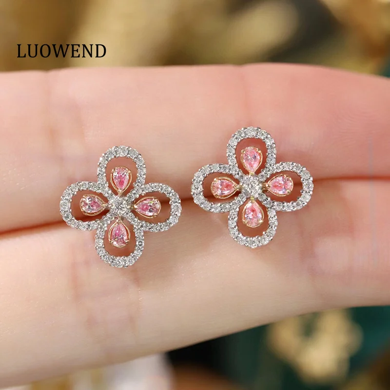 

LUOWEND 18K White Gold Earrings Luck Clover Design 1.0carat Real Natural Pink Diamond Stud Earrings Luxury Women's Jewelry