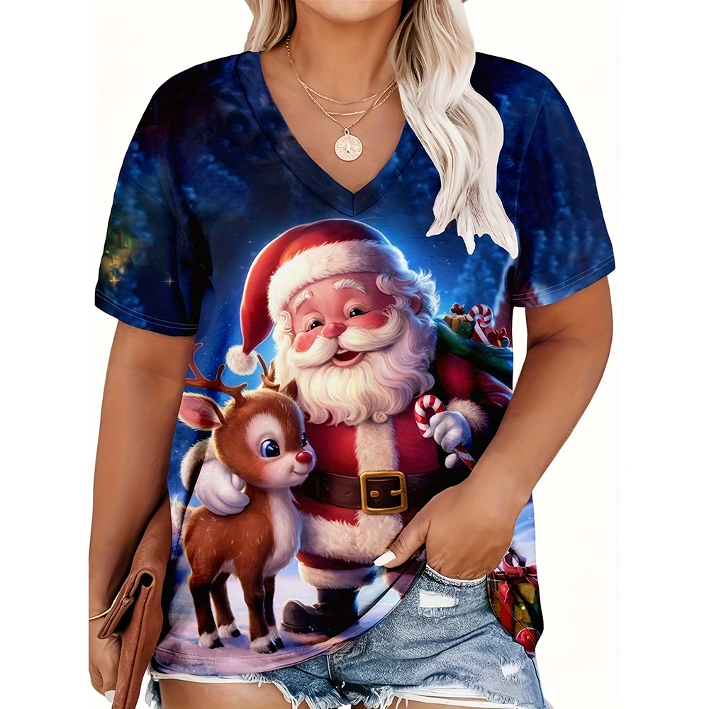 

Women's Cartoon Santa Claus Print V-Neck T-Shirt Loose Casual Festival Party Short Sleeve Top Christmas Theme Breathable Clothes