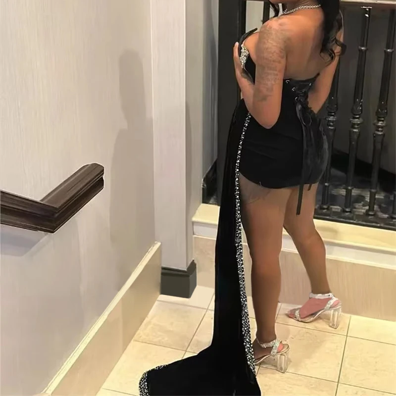 Magnifique robe de soirée en velours avec accents de strass, Corset transparent, longue drapée sur le côté, robe de bal, robe de Cocktail Sexy, robe de soirée