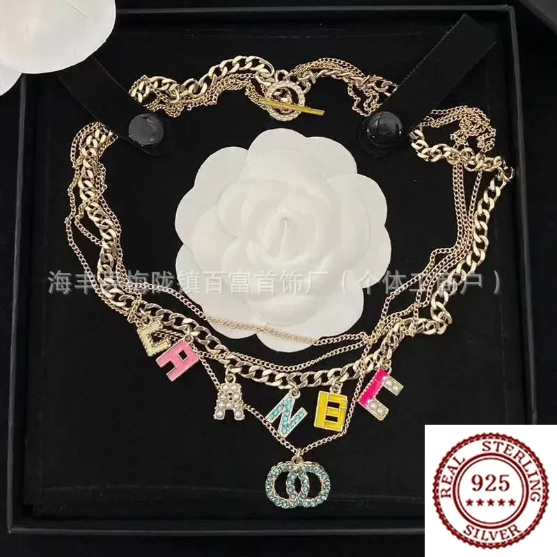 

2025 Trend DIY Sterling Silver Multi-layer Tassel Letter Double C Necklace Retro Versatile Fashion Collarbone Chain For Women