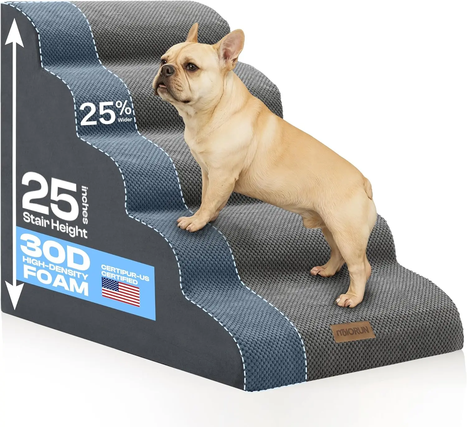 

Extra Wide Pet Stairs for Large Dogs Up to 80lbs, Washable Cover, Gray - Safe Climbing for High Beds