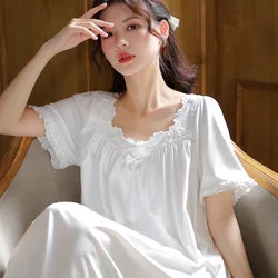 Sweet Ruffles Cotton Long Night Dress Women Summer Short Sleeve Loose Peignoir Sleepwear Princess Vintage Victorian Nightgowns