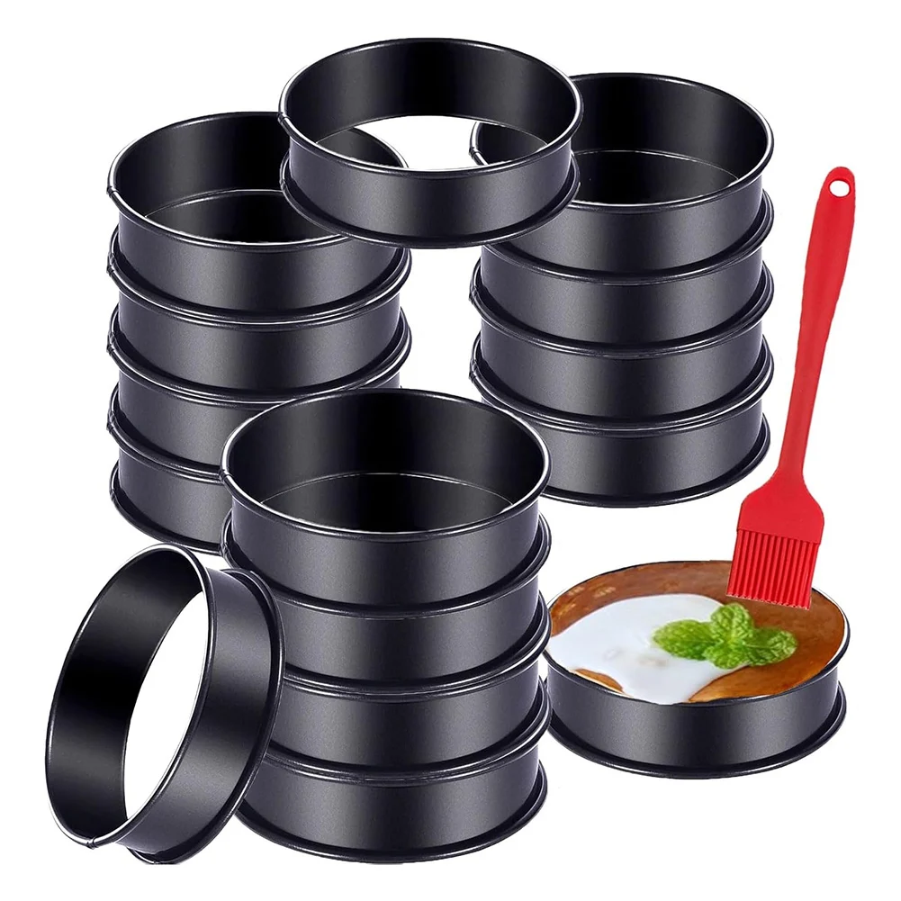 16Packs English Muffin Rings Crumpet Rings NONSTICK -Stainless Steel Double Rolled Tart Rings Round Black 3.15 Inch