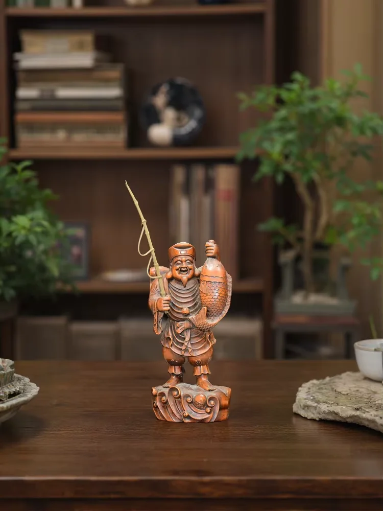 Old Boxwood Fisherman statue carp Fishing Old Man There are fish every year Wenfang screen Ornaments Town House Exorcism