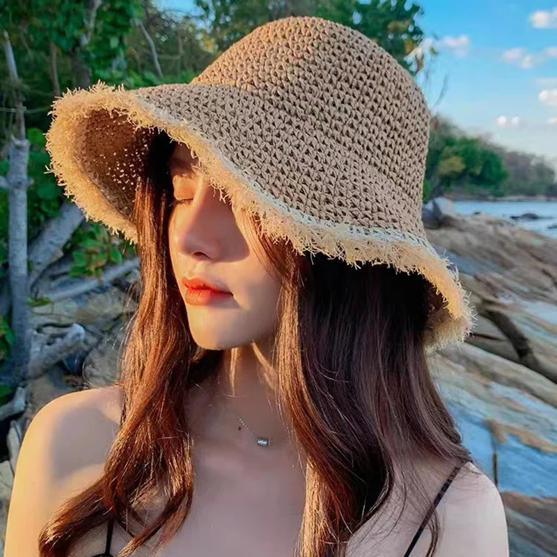 

Simple 100%Raffia tassels Girl Sun Hat Wide Brim Floppy Summer Hats For Women Beach Panama Straw Dome Bucket Hat Femme Shade Hat