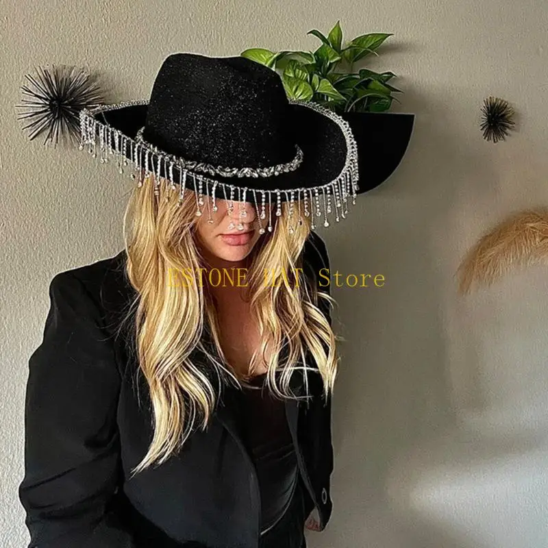49MF Rhinestones Tassel Hat Tassel Cowgirl Hat Bride Cowboys Hat Tassel Cowboys Hat Bachelorette Party Hat For Bridal Party