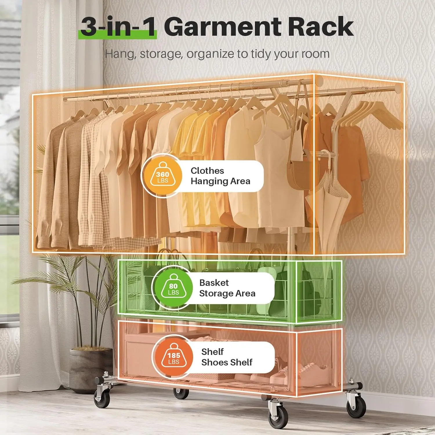 Heavy Duty Clothes Rack, Clothing Racks with Wheels, Commercial Adjustable Double Rod Clothes Rack with Metal Basket