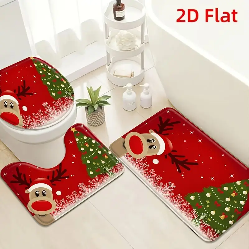 VIKAMA Christmas Reindeer Peeking Toilet Bathroom Rug Set Toilet Lid Cover U Shape Bath Mat Non Slip Xmas Decor Washable