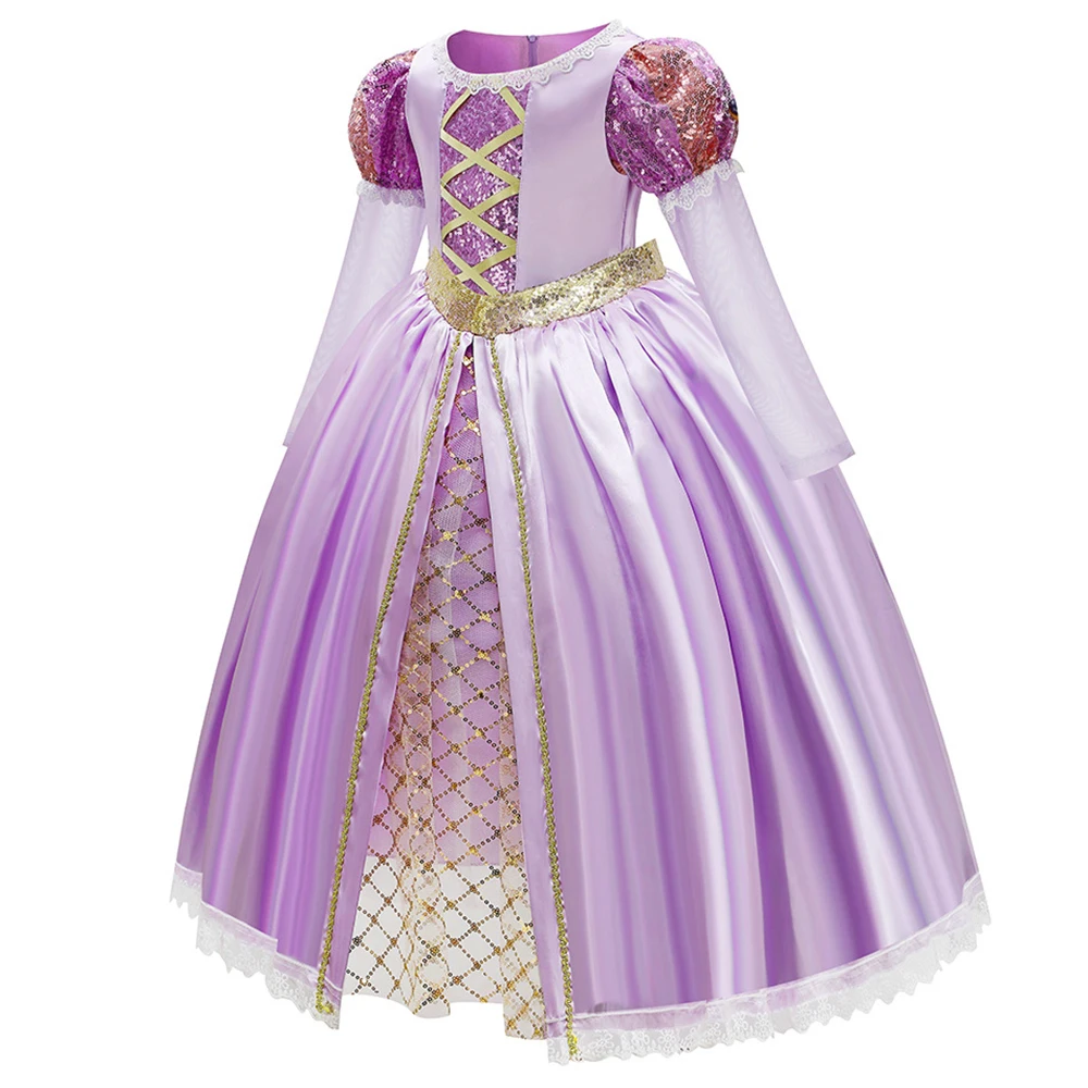Kids Rapunzel Elegant Princess Dress with Wig Tangled Cosplay Outfit for Carnival Halloween Birthday Party Wear