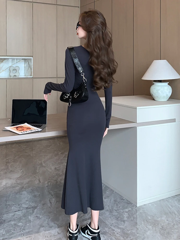 Abiti da strada da donna Casual Semplice Solido Collo quadrato Skinny Fishtail Abito lungo Elegante Lady Fashion Abiti Robe Primavera Autunno