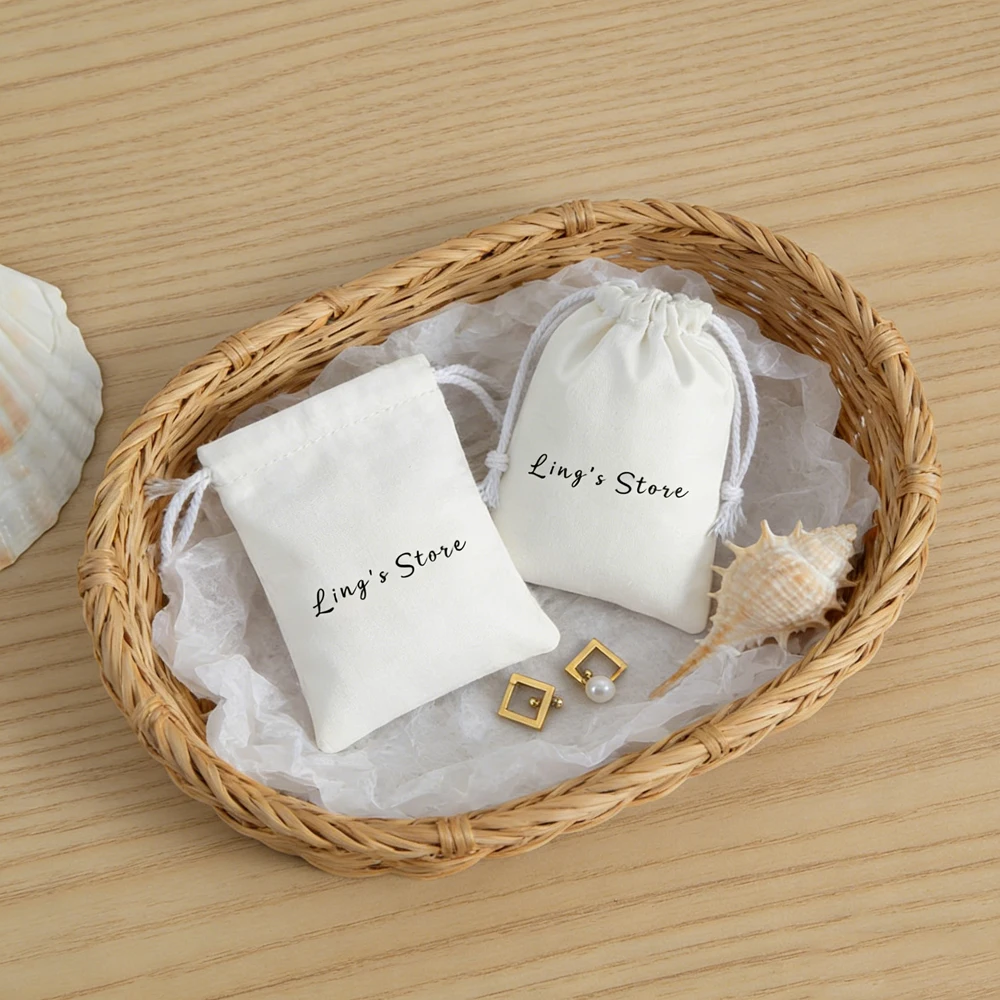 

50Pcs Custom Logo White Jewelry Drawstring Cotton Bag Cosmetic Wig Fruit Tea Keychain Gift Organizer Cotton Pocket Canvas Pouch