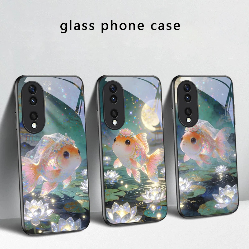 Cute white veil goldfish For Honor X5 Plus X30 X9c Smart X5b X9a X30 Max X50i 30 Pro 50 Pro 70 90Smart 200 Lite Glass Phone Case