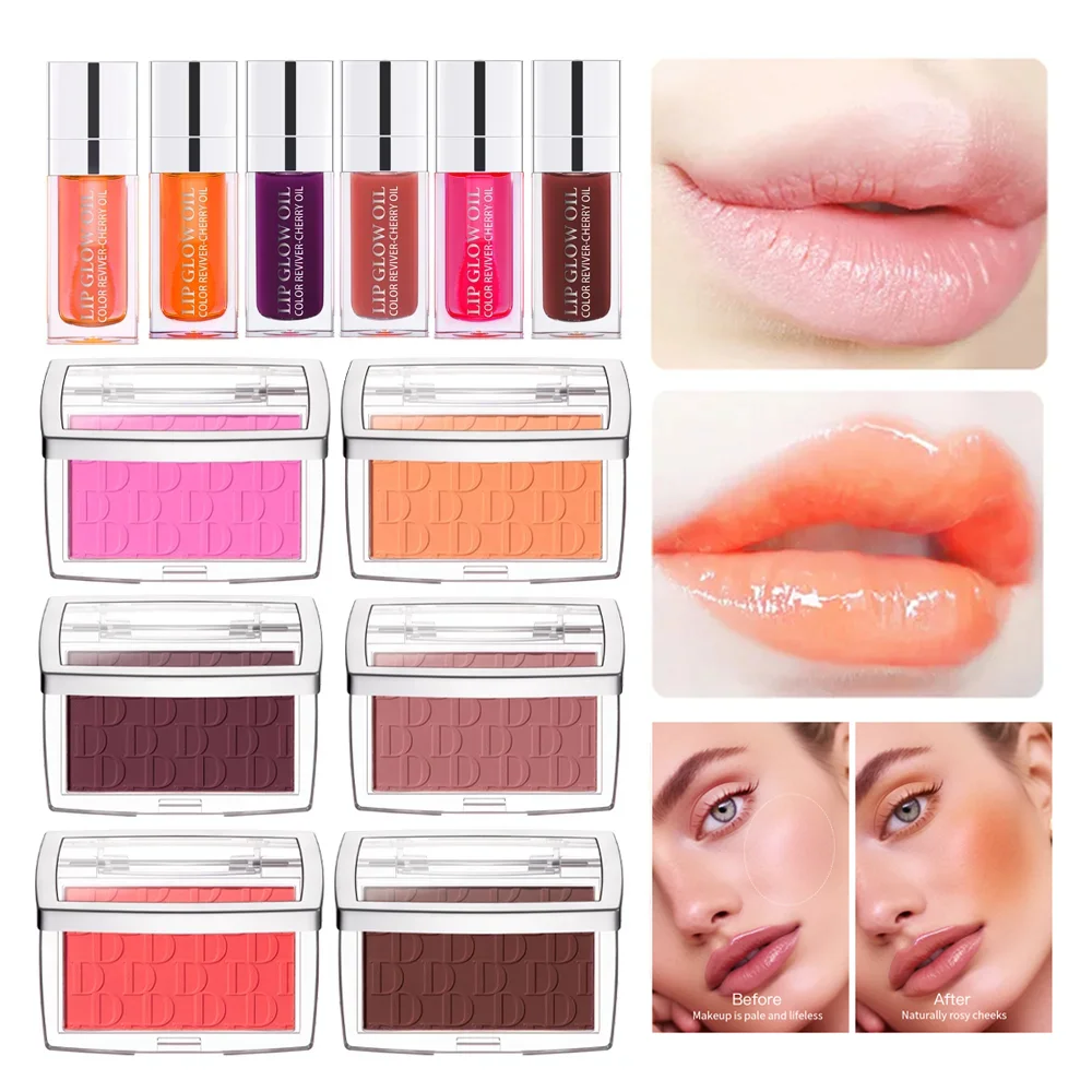 

Lip Glow Oil And Embossed Blush Set Moisturizing Lipgloss Plumping Liquid Lipstick Matte Powder Blausher Palette For Cheeks