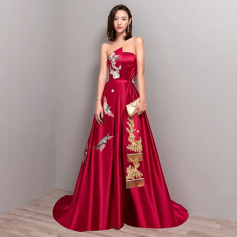 

Red Wedding Gown Long Slimming Strapl Evening Dr for Women Ele Embroidery A-Line Skirt Floor-Length Ball Gown