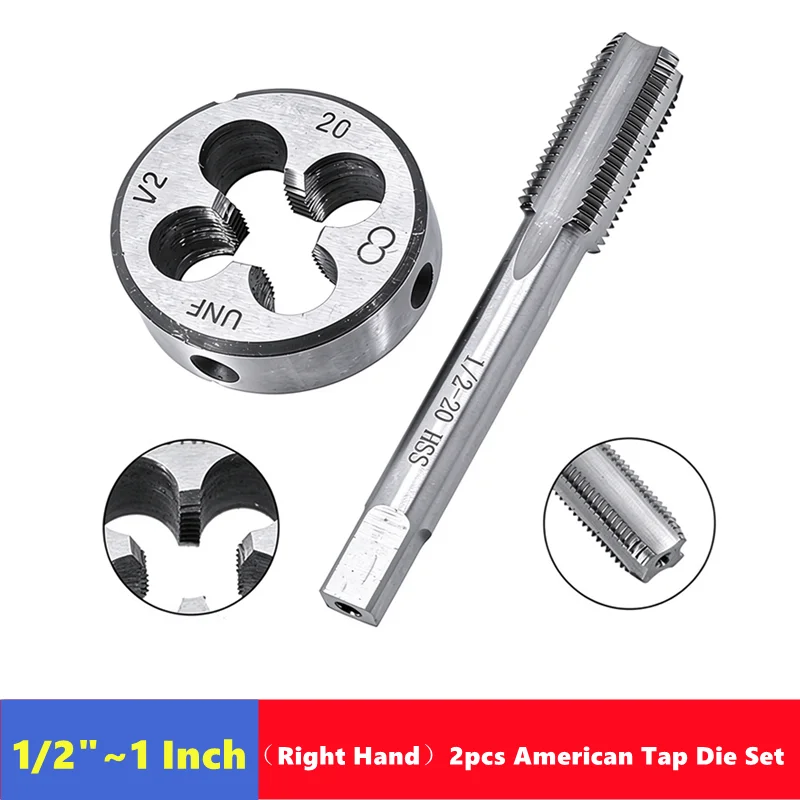 2pcs American Tap Die Set 1/2 9/16 5/8 11/16 3/4 13/16 7/8 1inch, Used for Machine Tool Internal and External Thread Tapping