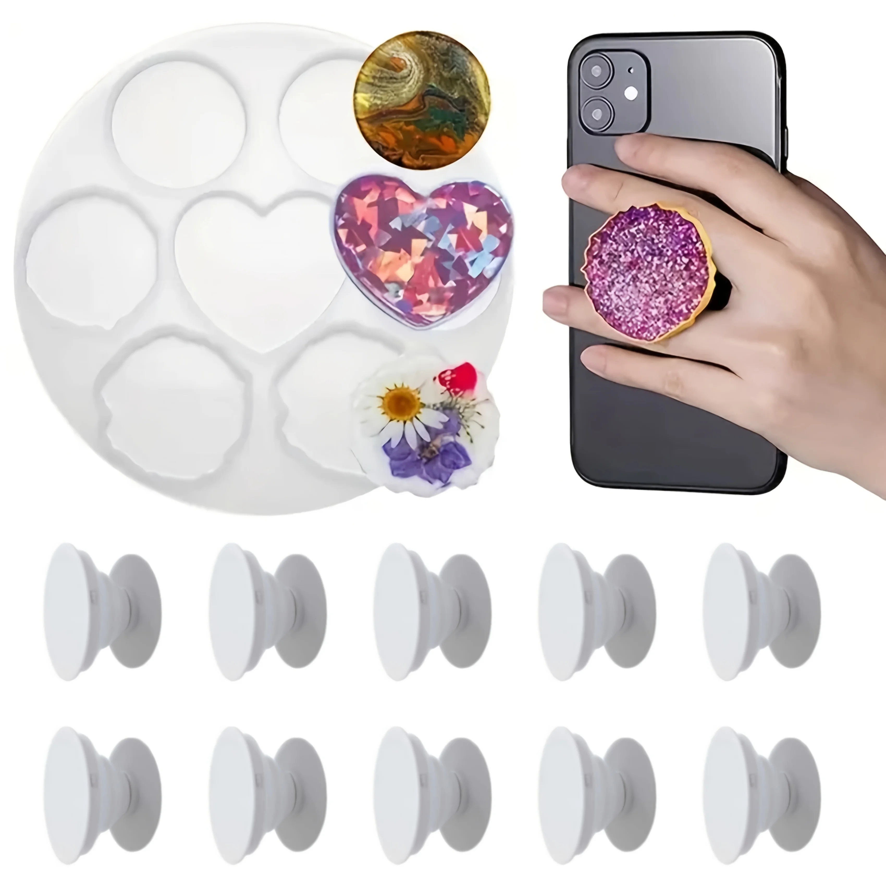 11Pcs, Irregular Phone Holder Molds DIY Resin Heart-Shaped and Round Silicone Mold Set, 1Pc Mold & 10Pcs Phone Holders, Full Set of Heart Coasters, Hanging Pendants Silicone Molds, Reusable, High-Frequency Use, for Personal Use, Gift for Friends and Family, Creative Holiday Gifts.