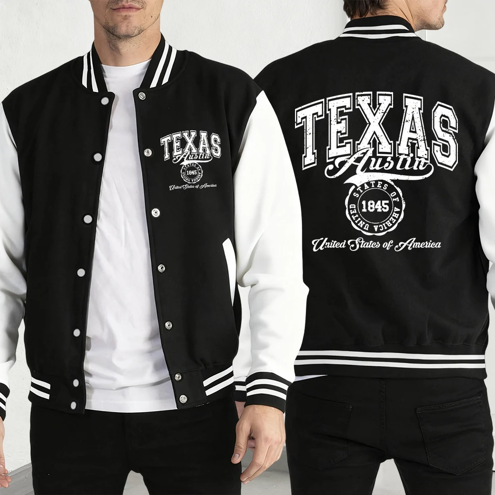 

Texas Usa 1845 Pattern Mens Jacket Fashion Loose Baseball Jersey Soft Casual Streetwear Autumn Fleece Male Vintage Clothing