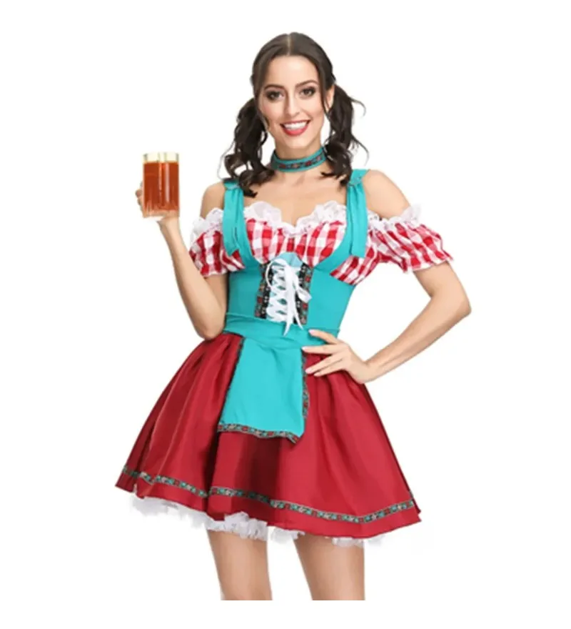 

Oktoberfest Costume Lady Traditional Bavarian National Pink Plaid Clubwear Cosplay Halloween Fancy Party Dress