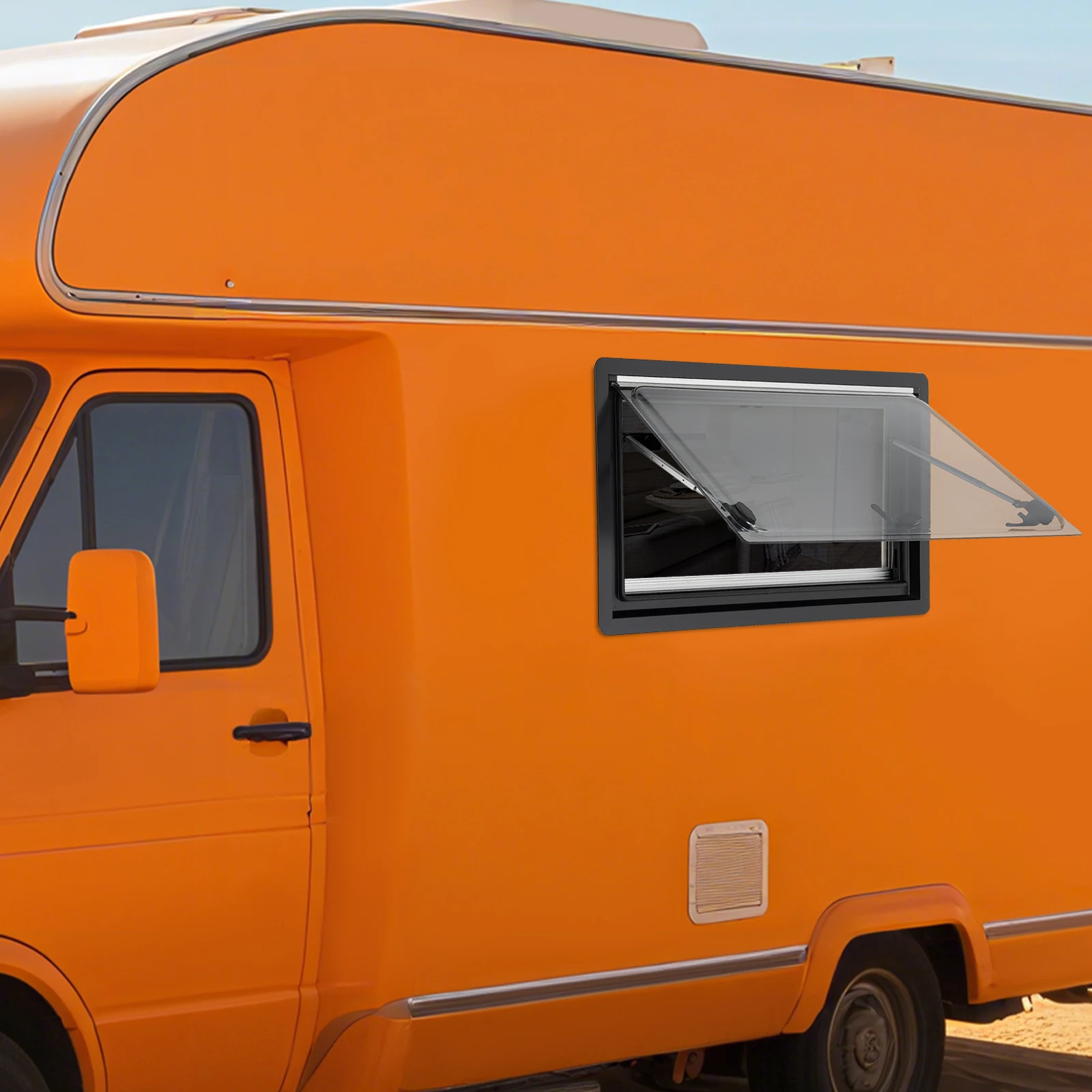 RV Caravan Hinged Window, Durable Ventilation Window 900*500mm for Motorhome, Dual-Layer Acrylic, Aluminum ABS Frame, Sunshade with Nylon Mesh