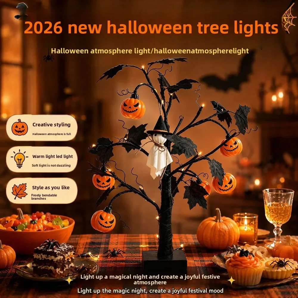 Halloween Tabletop Spooky Tree with Pumpkin Ghost Bat Ornaments,Black Dead Tree Halloween Desktop Decor Home Party Decoration